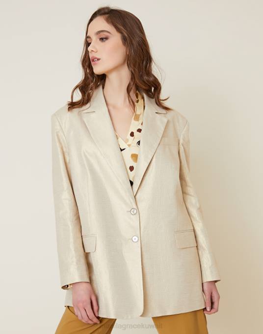 Manila Grace ملابس نحيف كاكي الأخضر بليزر ماكسي من مزيج القطن والكتان Z2TJ353