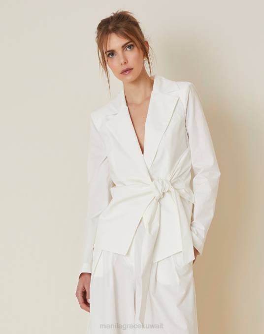 Manila Grace ملابس نحيف قبالة الأبيض بليزر ملفوف من قماش البوبلين القطني Z2TJ356