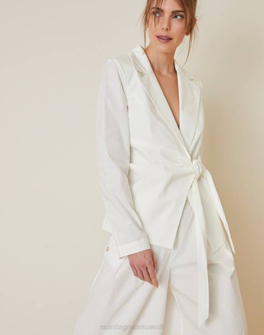 Manila Grace ملابس نحيف قبالة الأبيض بليزر ملفوف من قماش البوبلين القطني Z2TJ356