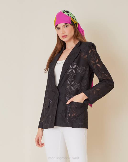 Manila Grace ملابس نحيف أسود بليزر كبيرة الحجم مصنوعة من القطن المثقوب Z2TJ357