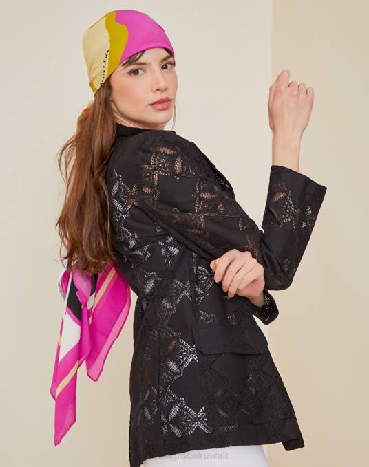 Manila Grace ملابس نحيف أسود بليزر كبيرة الحجم مصنوعة من القطن المثقوب Z2TJ357