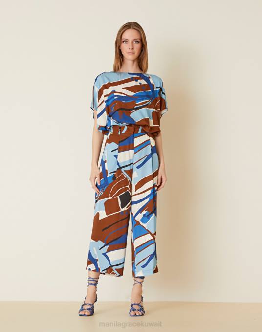 Manila Grace ملابس نحيف التبغ البني بنطال قصير بطبعة زهور Z2TJ360