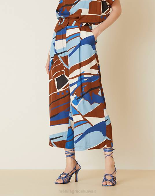 Manila Grace ملابس نحيف التبغ البني بنطال قصير بطبعة زهور Z2TJ360