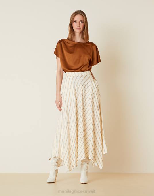 Manila Grace ملابس نحيف البيج الرملي تنورة مخططة غير متماثلة من مزيج الكتان الفيسكوز Z2TJ364