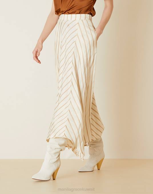 Manila Grace ملابس نحيف البيج الرملي تنورة مخططة غير متماثلة من مزيج الكتان الفيسكوز Z2TJ364