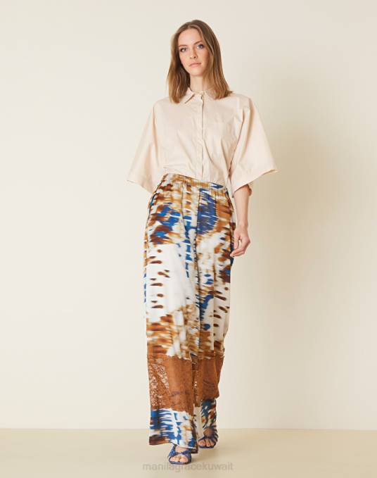 Manila Grace ملابس نحيف التبغ البني بنطال بالازو بطبعة بكسل ودانتيل Z2TJ365