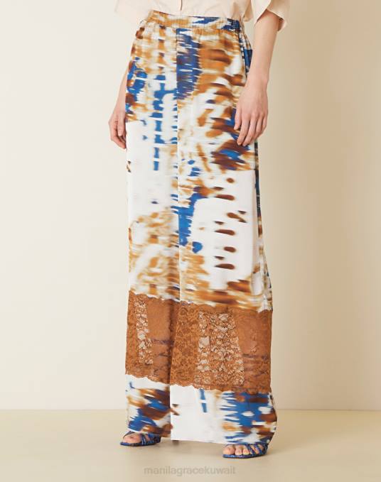 Manila Grace ملابس نحيف التبغ البني بنطال بالازو بطبعة بكسل ودانتيل Z2TJ365