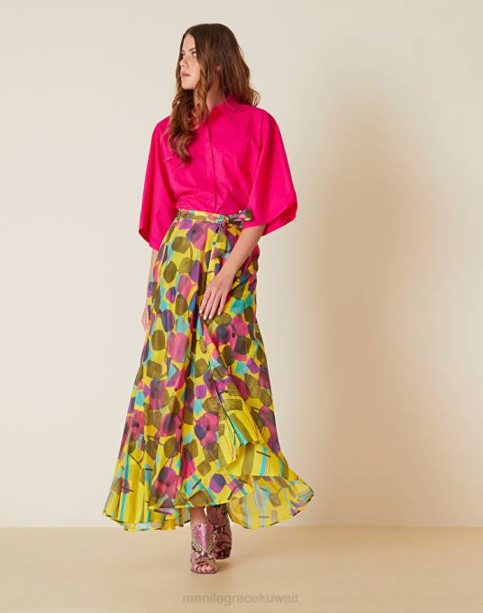 Manila Grace ملابس نحيف أصفر تنورة ميدي بطبعة شجرة مجردة Z2TJ366