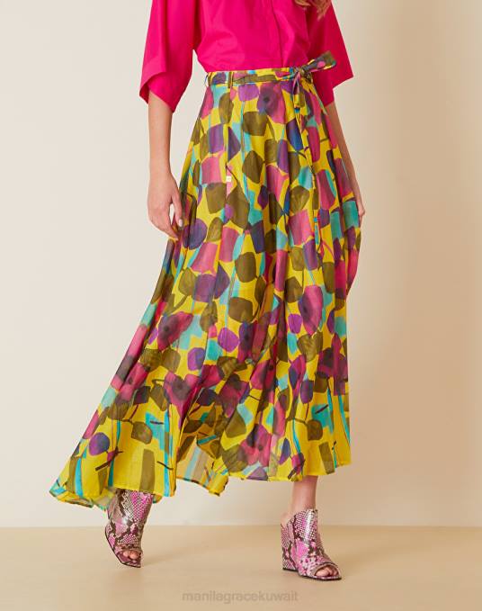 Manila Grace ملابس نحيف أصفر تنورة ميدي بطبعة شجرة مجردة Z2TJ366