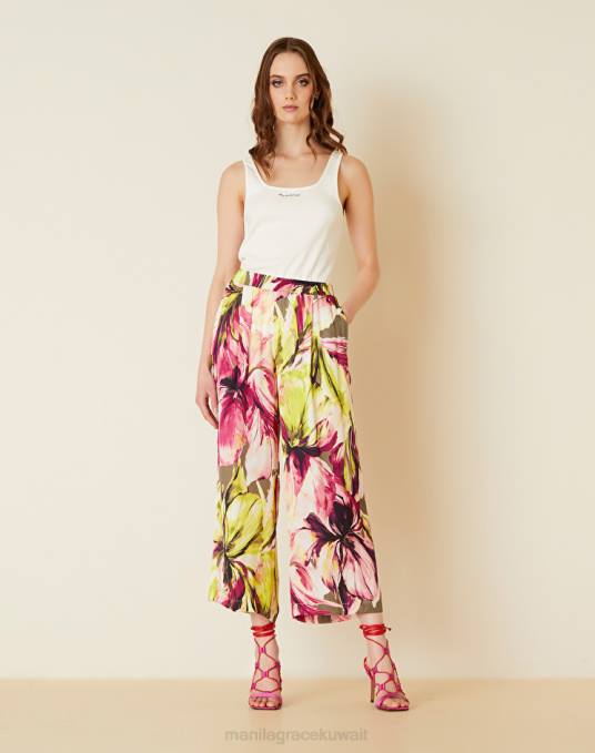 Manila Grace ملابس نحيف الأخضر الحمضي بنطال قصير بطبعة زهور ماكسي Z2TJ367