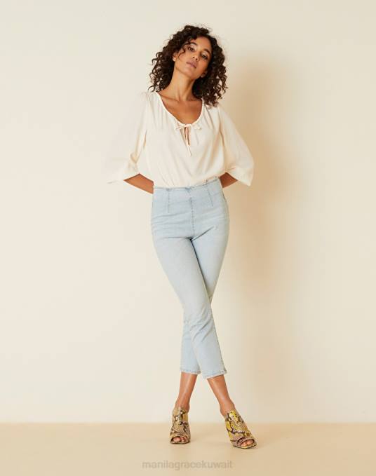 Manila Grace ملابس نحيف أزرق فاتح بنطال كابري مصنوع من قماش الدنيم المطاطي Z2TJ369