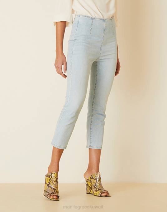 Manila Grace ملابس نحيف أزرق فاتح بنطال كابري مصنوع من قماش الدنيم المطاطي Z2TJ369