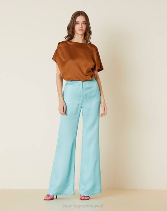 Manila Grace ملابس نحيف الفيروز بنطلون واسع من الساتان الفيسكوز Z2TJ373