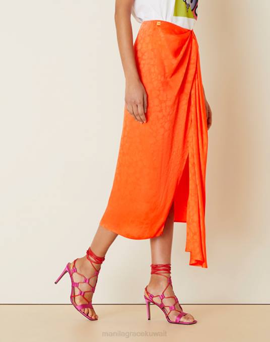 Manila Grace ملابس نحيف البرتقالي تنورة ميدي بثنيات من مزيج الحرير Z2TJ377