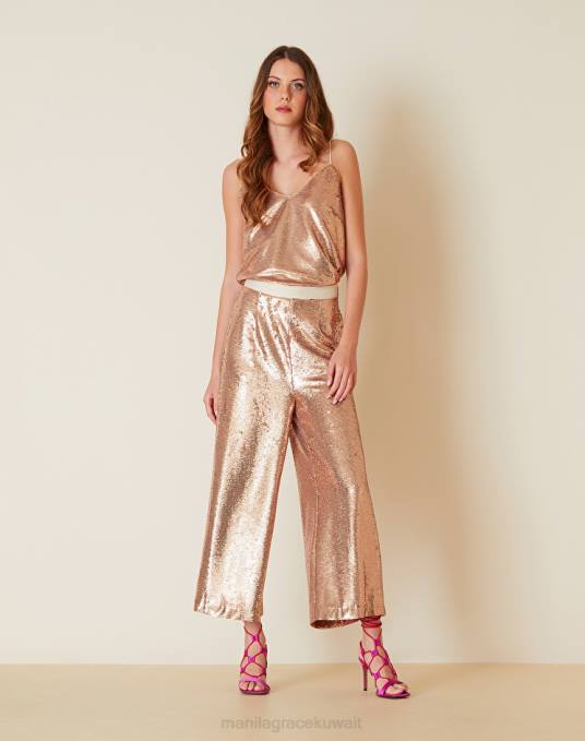 Manila Grace ملابس نحيف البيج الرملي بنطال قصير مزين بالترتر Z2TJ379