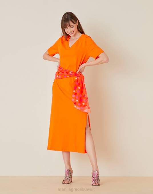 Manila Grace ملابس نحيف البرتقالي فستان من القطن مع شق Z2TJ38