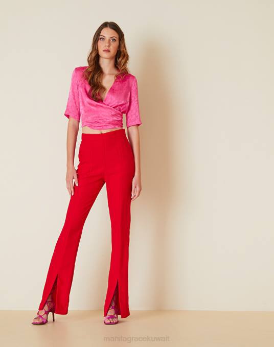 Manila Grace ملابس نحيف أحمر بنطلون بلون خالص مع شقوق Z2TJ389