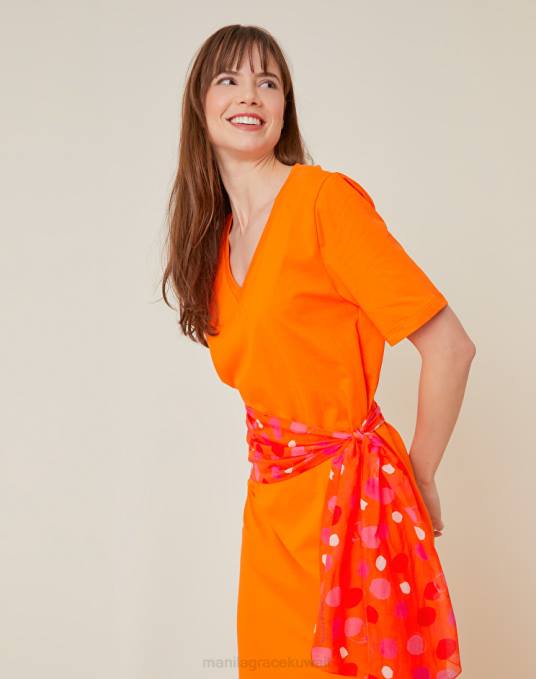 Manila Grace ملابس نحيف البرتقالي فستان من القطن مع شق Z2TJ38