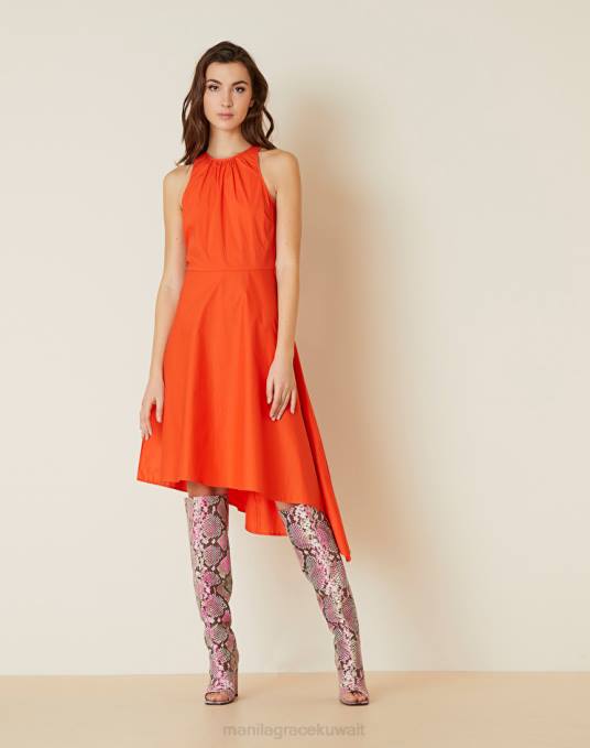 Manila Grace ملابس نحيف البرتقالي فستان قطن غير متماثل Z2TJ39