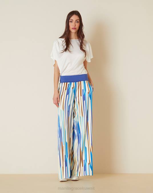 Manila Grace ملابس نحيف محيط أزرق بنطلون فيسكوز بالازو مع خصر متباين Z2TJ390