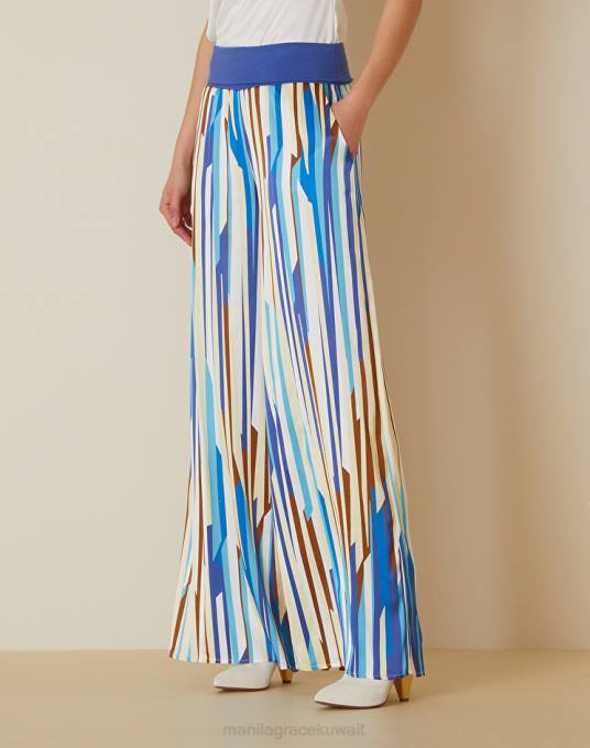 Manila Grace ملابس نحيف محيط أزرق بنطلون فيسكوز بالازو مع خصر متباين Z2TJ390