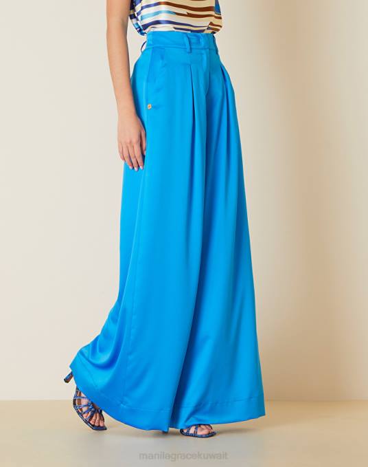 Manila Grace ملابس نحيف ازرق غامق بنطلون بالازو من الساتان Z2TJ391