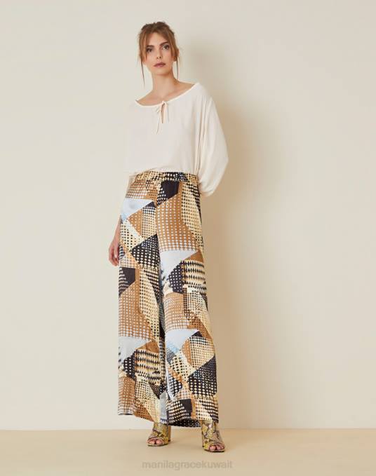 Manila Grace ملابس نحيف أسود بنطال بالازو مع طباعة مرقعة Z2TJ392