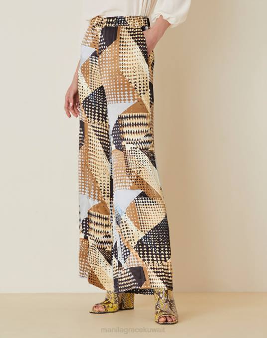 Manila Grace ملابس نحيف أسود بنطال بالازو مع طباعة مرقعة Z2TJ392