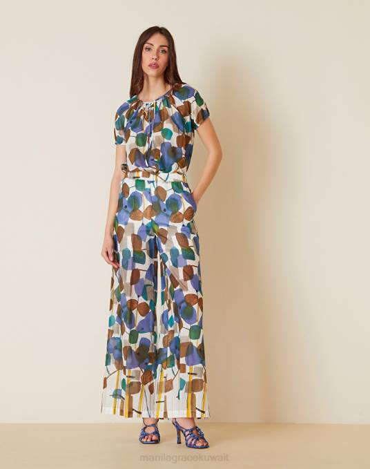 Manila Grace ملابس نحيف حليب ابيض بنطلون بالازو مع طباعة شجرة مجردة Z2TJ393