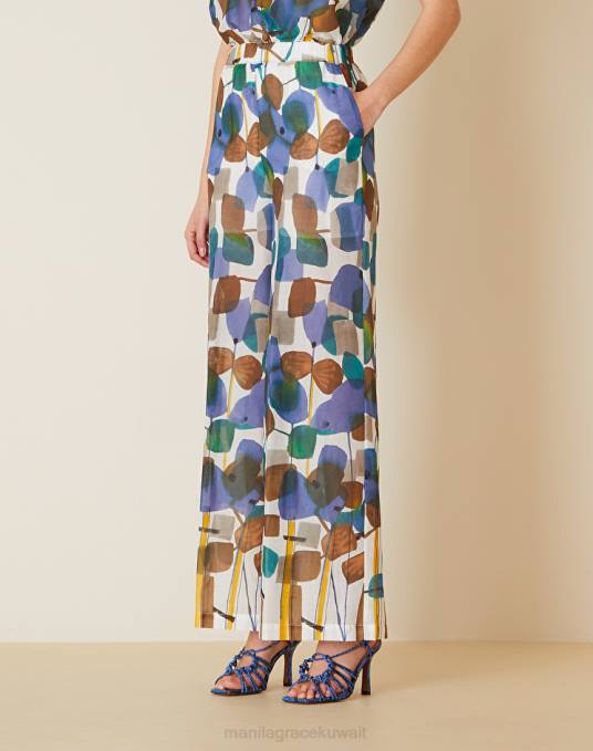 Manila Grace ملابس نحيف حليب ابيض بنطلون بالازو مع طباعة شجرة مجردة Z2TJ393