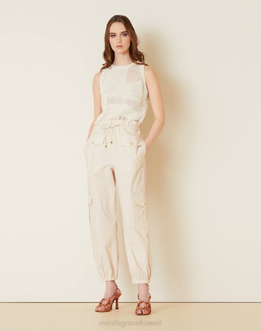 Manila Grace ملابس نحيف البيج الرملي بنطال كارجو من قماش البوبلين القطني Z2TJ397