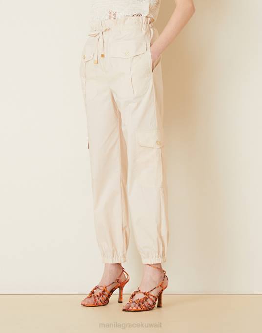 Manila Grace ملابس نحيف البيج الرملي بنطال كارجو من قماش البوبلين القطني Z2TJ397
