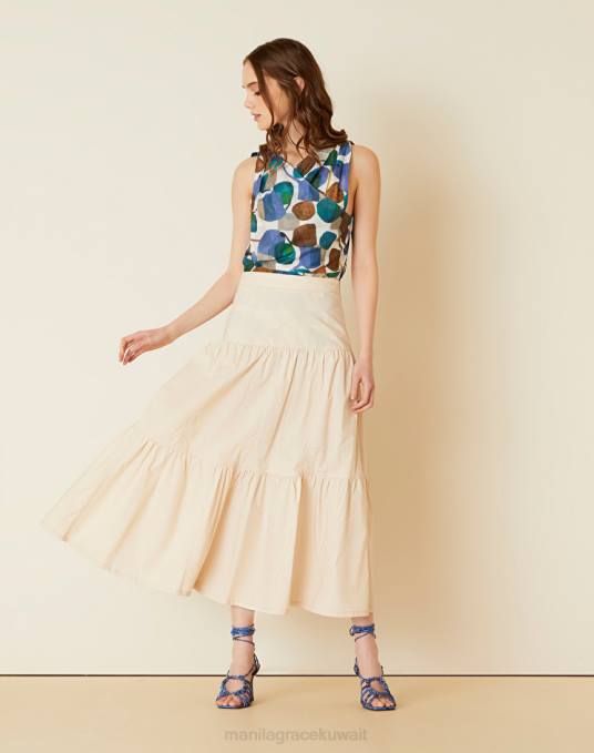 Manila Grace ملابس نحيف البيج الرملي تنورة ماكسي بطبقات من قماش البوبلين Z2TJ398