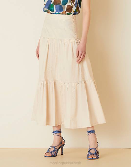 Manila Grace ملابس نحيف البيج الرملي تنورة ماكسي بطبقات من قماش البوبلين Z2TJ398