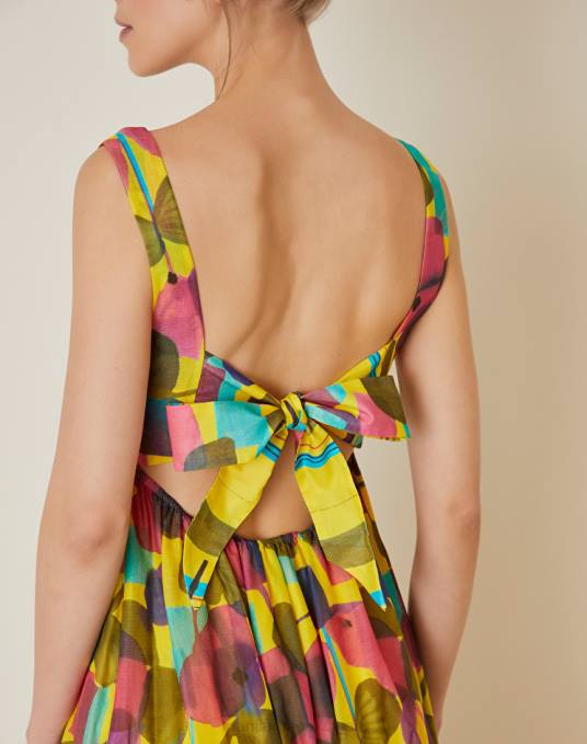 Manila Grace ملابس نحيف أصفر فستان طويل من القطن بطبعة شجرة تجريدية Z2TJ3