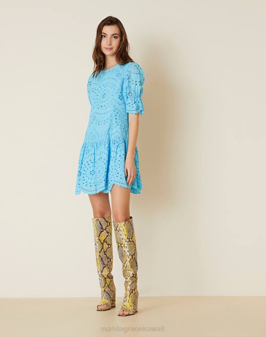 Manila Grace ملابس نحيف أزرق فاتح فستان سانجالو من القطن بكشكشة Z2TJ4