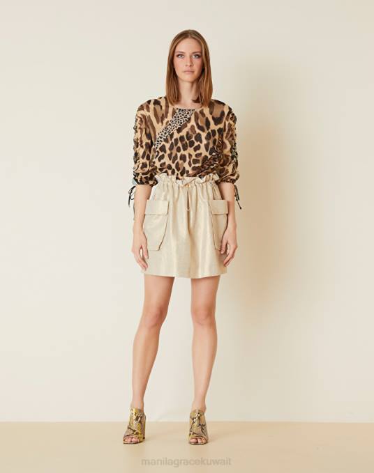 Manila Grace ملابس نحيف كاكي الأخضر تنورة قصيرة من الكتان القطني المطلي Z2TJ406