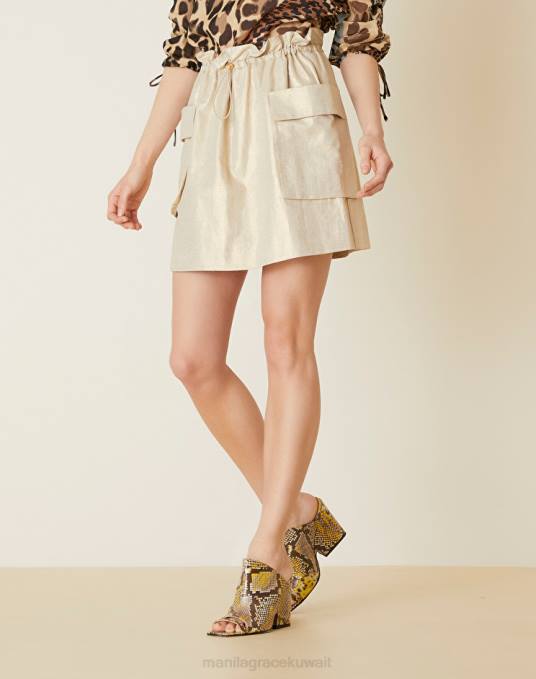 Manila Grace ملابس نحيف كاكي الأخضر تنورة قصيرة من الكتان القطني المطلي Z2TJ406