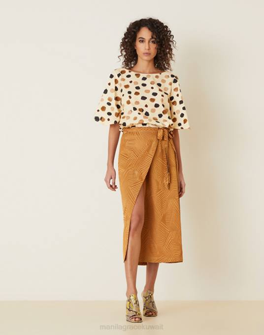 Manila Grace ملابس نحيف بني الجوز تنورة ملفوفة بنمط الجاكار Z2TJ407