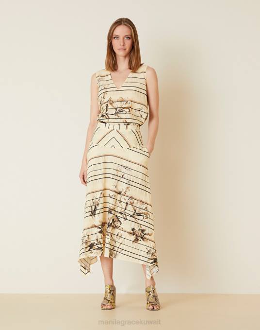 Manila Grace ملابس نحيف البيج الرملي تنورة ميدي من مزيج القطن مع طباعة زهور Z2TJ409