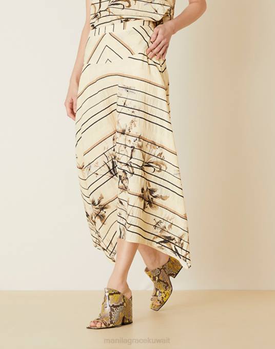 Manila Grace ملابس نحيف البيج الرملي تنورة ميدي من مزيج القطن مع طباعة زهور Z2TJ409