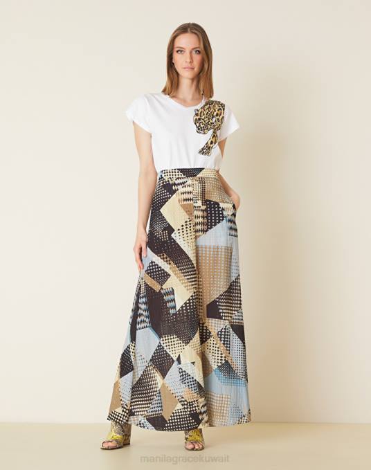 Manila Grace ملابس نحيف أسود تنورة ماكسي مع طباعة خليط Z2TJ411