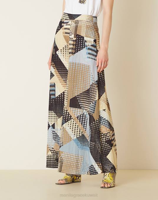 Manila Grace ملابس نحيف أسود تنورة ماكسي مع طباعة خليط Z2TJ411