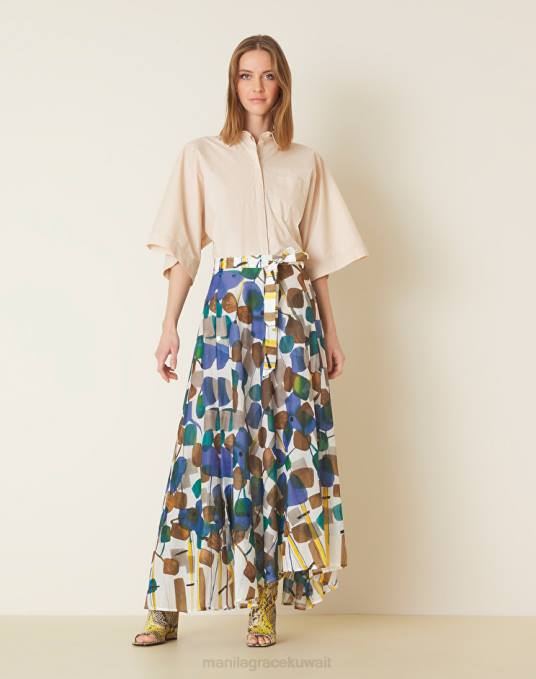 Manila Grace ملابس نحيف حليب ابيض تنورة ميدي بطبعة شجرة مجردة Z2TJ412