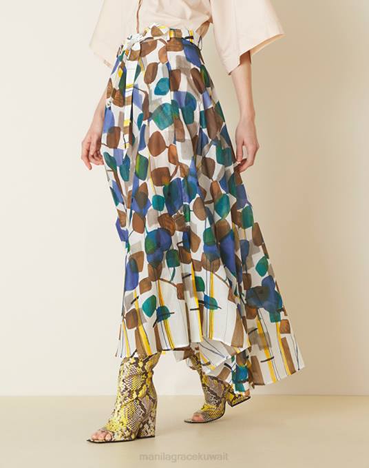 Manila Grace ملابس نحيف حليب ابيض تنورة ميدي بطبعة شجرة مجردة Z2TJ412