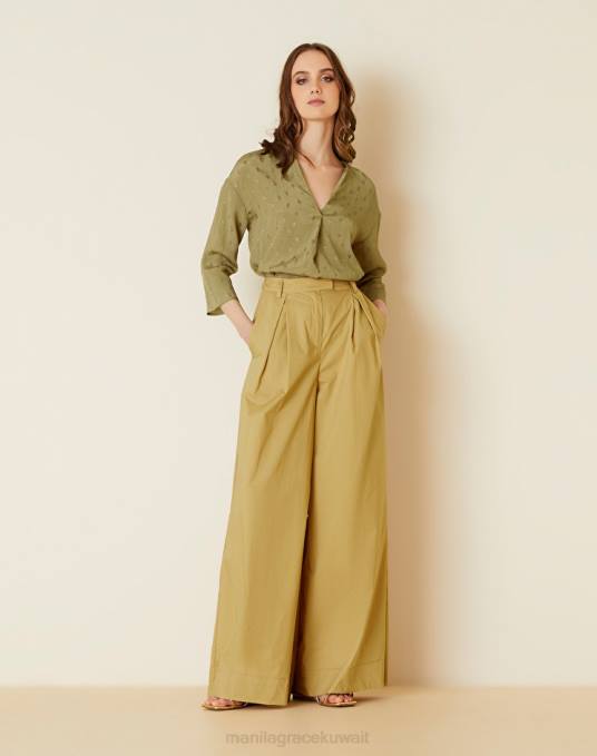 Manila Grace ملابس نحيف كاكي الأخضر بنطلون بالازو بلون خالص Z2TJ415