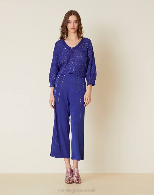 Manila Grace ملابس نحيف ازرق غامق بنطلون مثقوب من نسيج الفيسكوز Z2TJ416