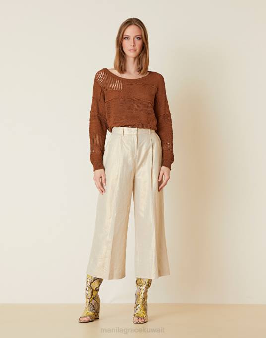 Manila Grace ملابس نحيف كاكي الأخضر بنطلون قصير من مزيج الكتان المطلي Z2TJ417