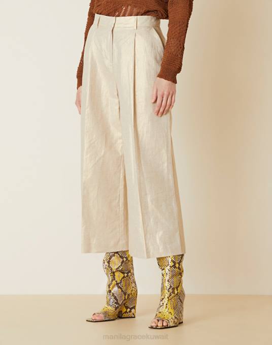 Manila Grace ملابس نحيف كاكي الأخضر بنطلون قصير من مزيج الكتان المطلي Z2TJ417