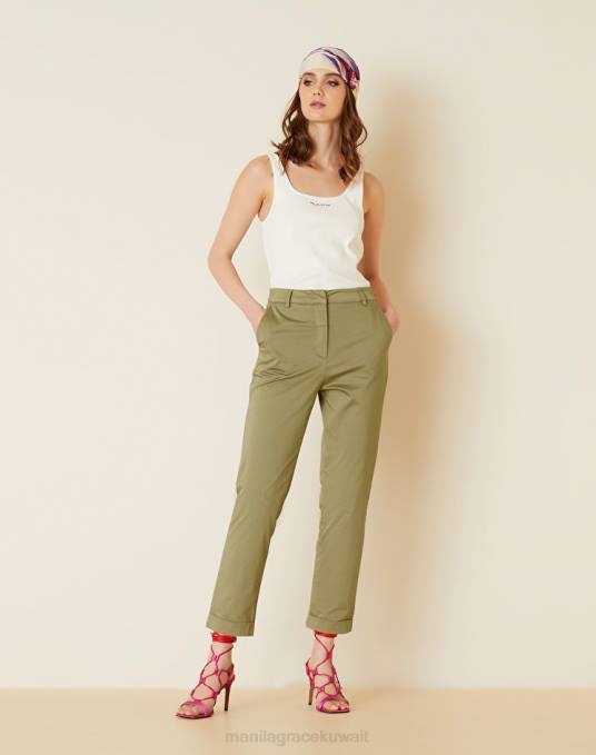 Manila Grace ملابس نحيف الأخضر العسكري تشينو من القطن الساتان Z2TJ422